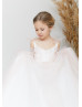 Blush Pink Lace Tulle V Back Flower Girl Dress